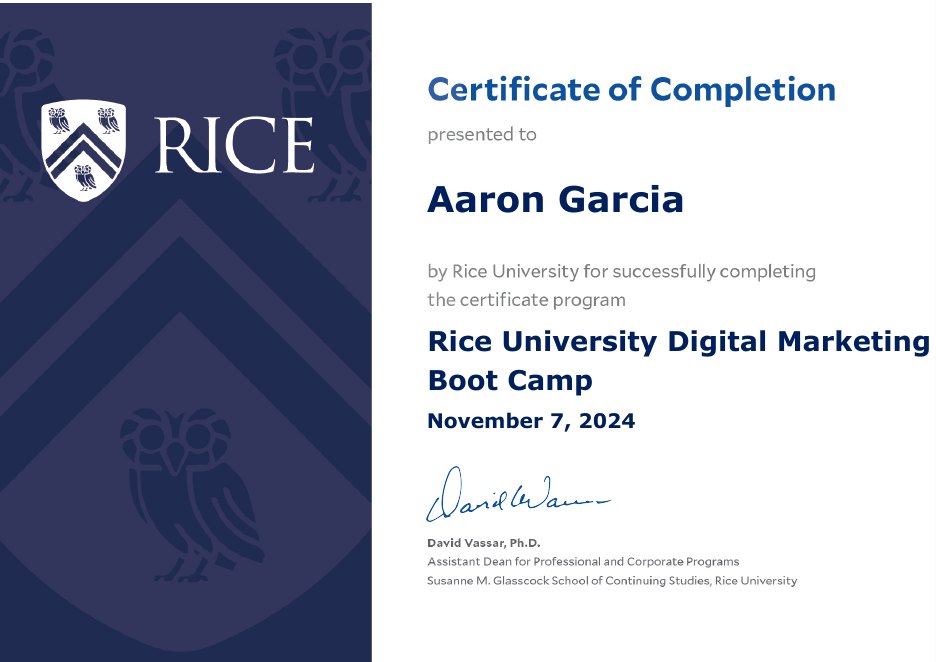 Rice Digital Marketing Boot Camp certificate