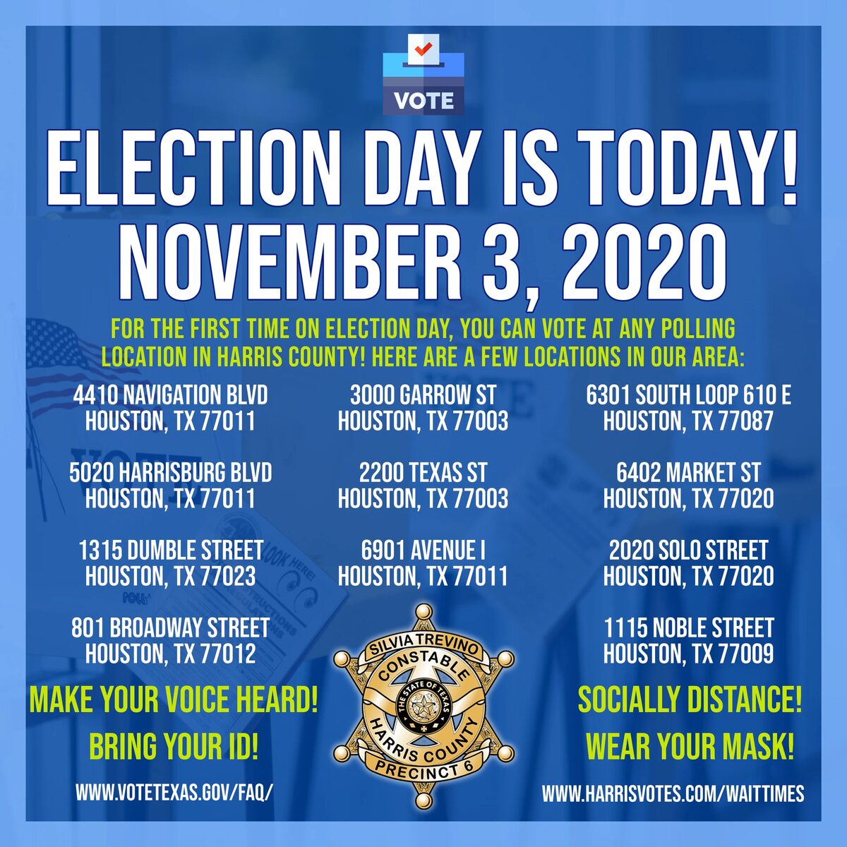 Election Day polling guide graphic for Constable Precinct 6