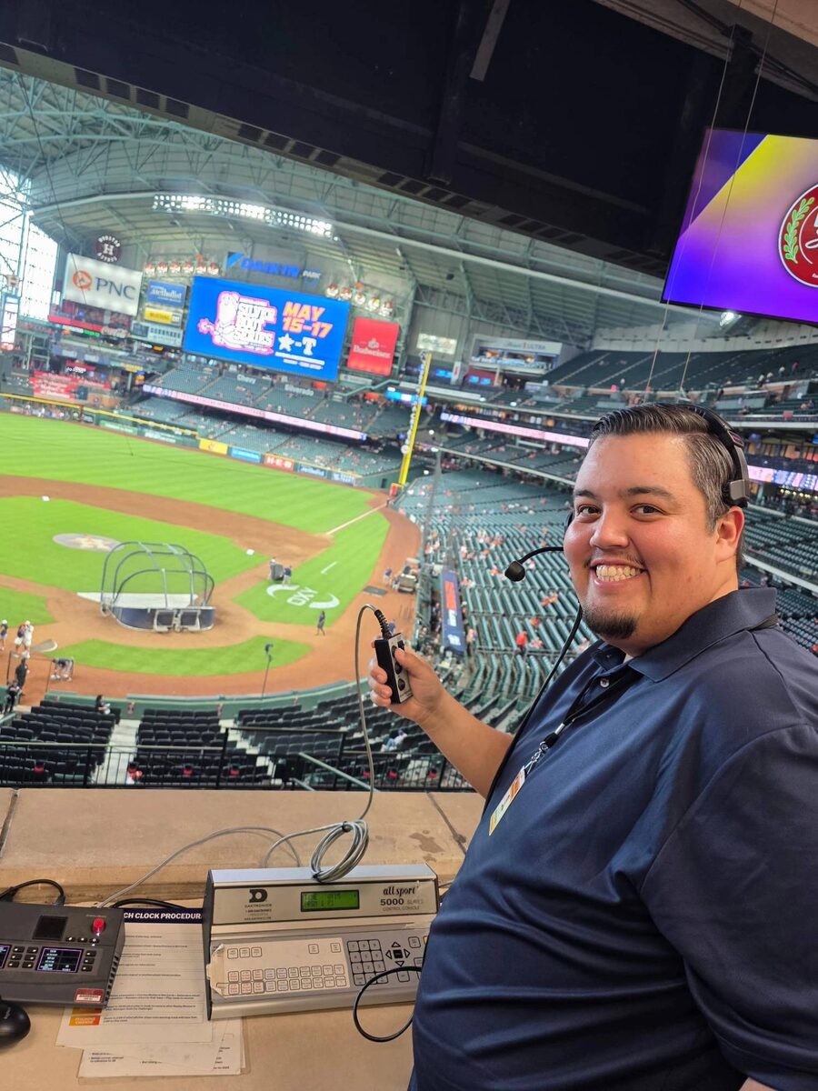 Aaron at the pitch clock console at Daikin Park