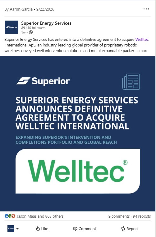 Welltec acquisition post. 32,197 impressions.